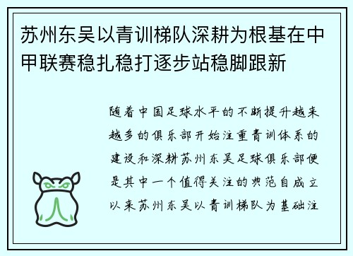 苏州东吴以青训梯队深耕为根基在中甲联赛稳扎稳打逐步站稳脚跟新